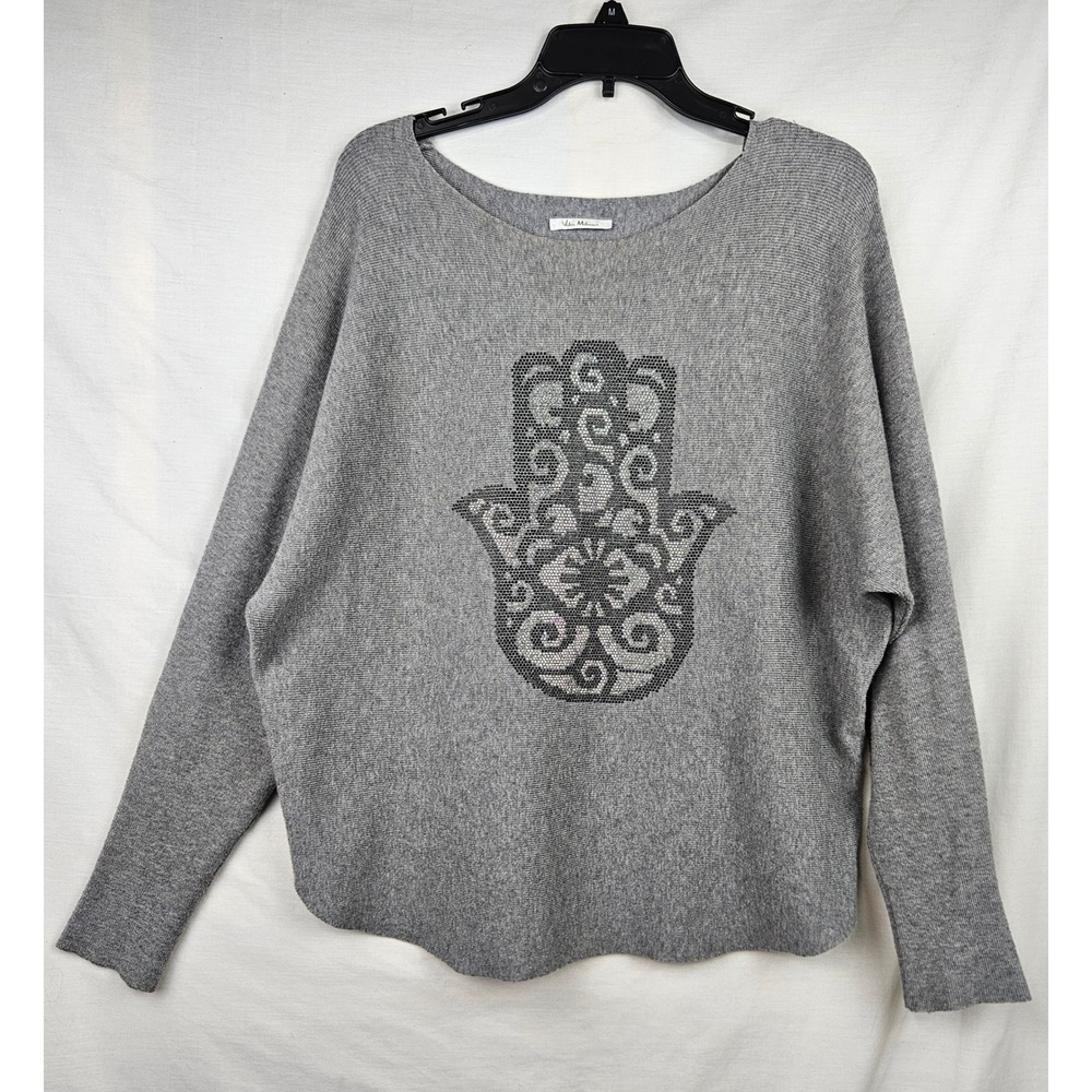 Vila Milano Womens Gray Hamsa Hand Rhinestone Studded Knit Sweater Size‎ M